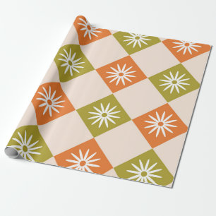 Retro White Flowers on Orange and Green Diamonds Wrapping Paper