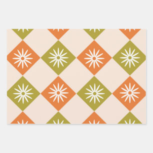 Retro white Flowers on orange green Diamonds Wrapping Paper Sheet