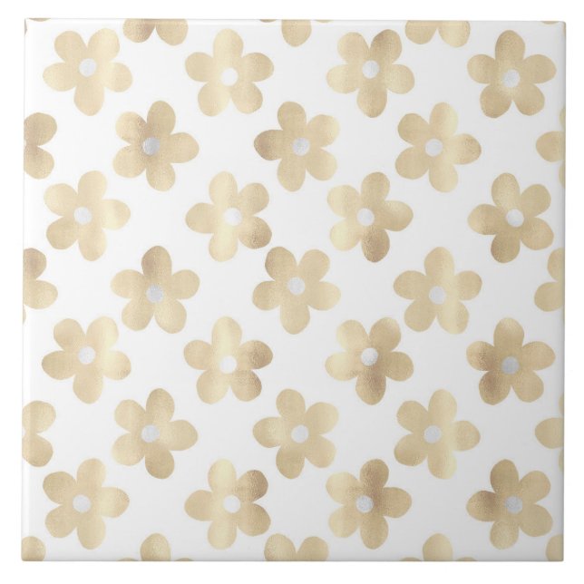 Retro White Gold Daisy Flowers Ceramic Tile (Front)