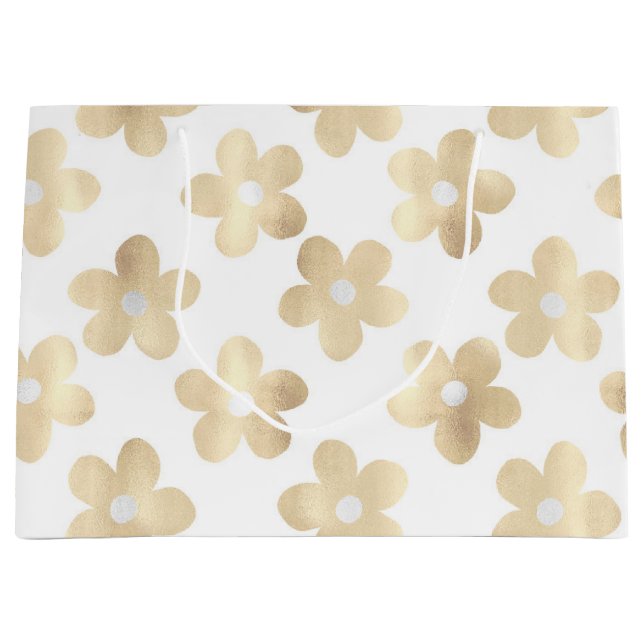 Retro White Gold Daisy Flowers Large Gift Bag (Front)