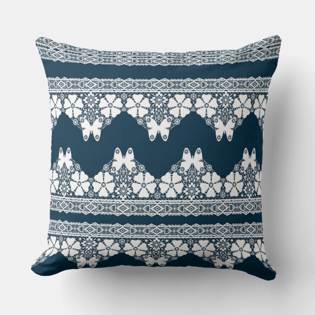 Retro white lace with butterflies on a dark blue b cushion (Front)