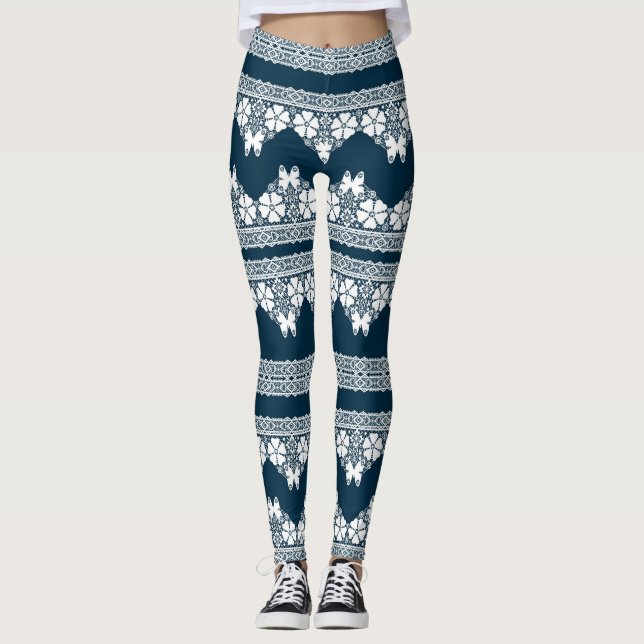 Retro white lace with butterflies on a dark blue b leggings (Front)
