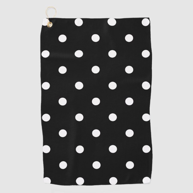 Retro White Polka Dots On Black Golf Towel (Front)