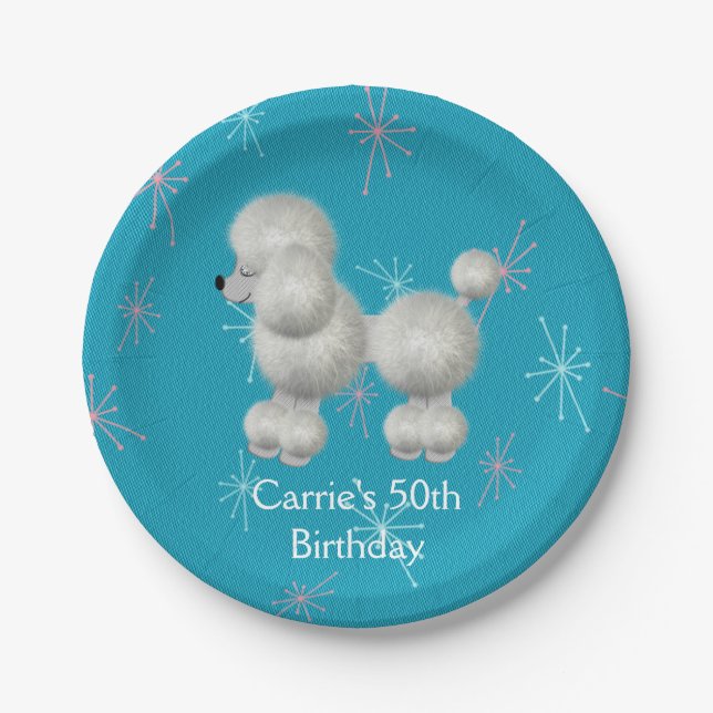 Retro White Poodle Custom Birthday Paper Plates (Front)
