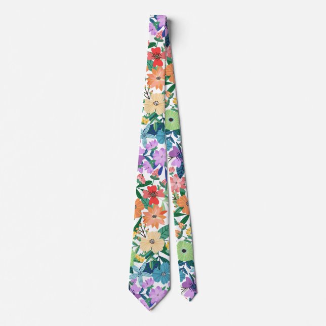 Retro White Rainbow Flowers Pattern Tie (Front)