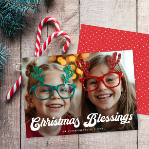 Retro White Script Christmas Blessings One Photo Holiday Card