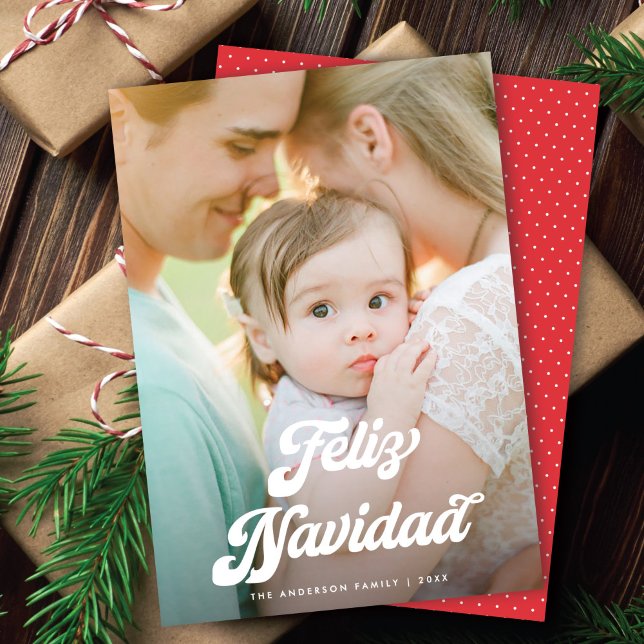 Retro White Script Feliz Navidad One Photo Holiday Card (Creator Uploaded)