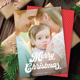 Retro White Script Merry Christmas One Photo Holiday Card