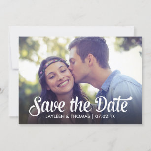 Retro White Script Save The Date Full Bleed Photo
