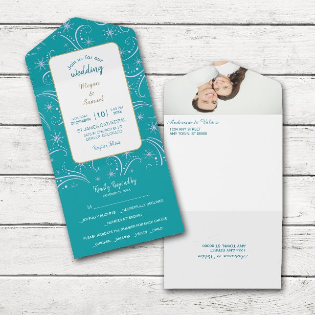Retro White Snowflake Swirl on Teal Wedding All In One Invitation (Creator Uploaded)