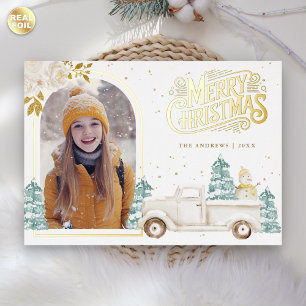 Retro White Truck Snowman Christmas Photo Gold Foil Holiday Card