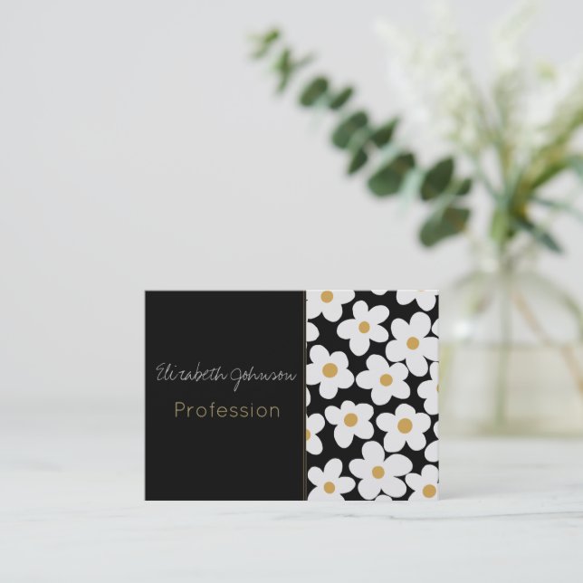 Retro White Yellow Big Daisy Flowers Black Design Business Card (Standing Front)