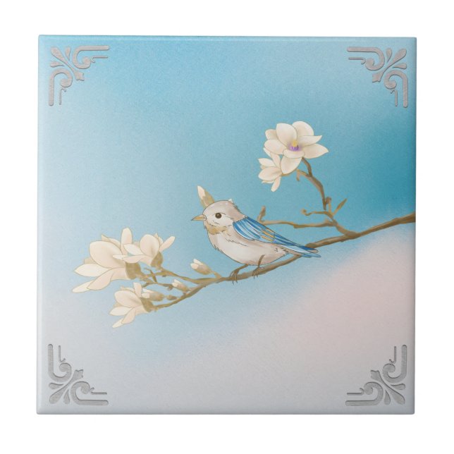 Retro WhiteBlue Bird and Bloom Art Ceramic Tile (Front)