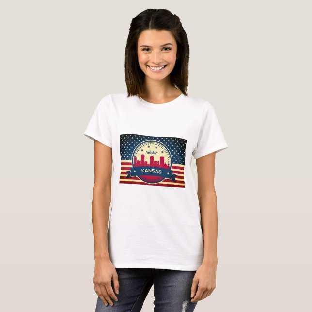 Retro Wichita Kansas Skyline T-Shirt (Front Full)
