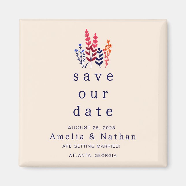 Retro Wild Flowers Non Photo Save the Date Wedding Magnet (Front)