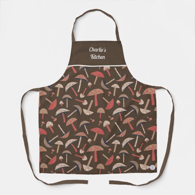 Retro Wild Mushrooms Cute Earth Brown Botanical Apron (Front)