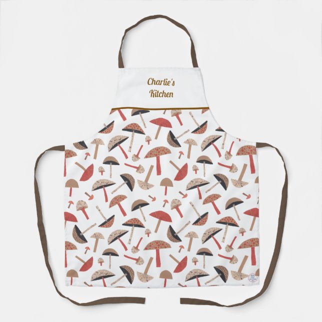 Retro Wild Mushrooms Cute Whimsical Botanical Apron (Front)
