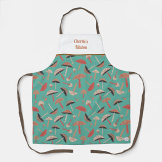 Retro Wild Mushrooms Cute Whimsical Botanical Teal Apron