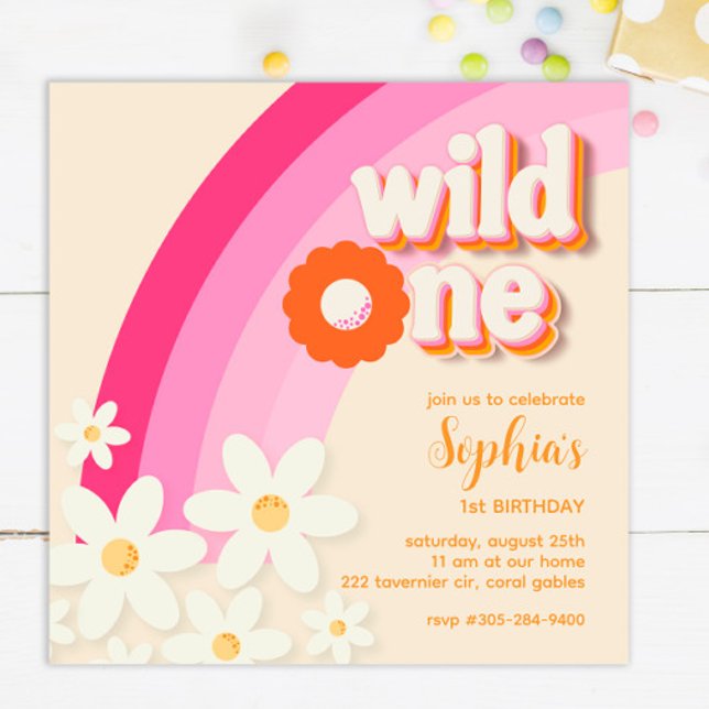 Retro Wild One Daisy Birthday Pink Invitation (Creator Uploaded)