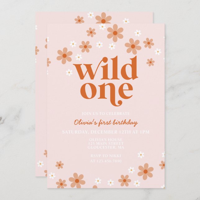 Retro wild one daisy boho first birthday invitation (Front/Back)