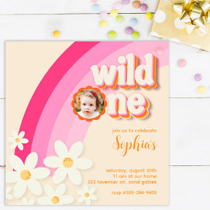 Retro Wild One Daisy Photo Birthday Pink Invitation