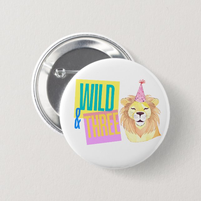 Retro Wild & Three Lion 3rd Birthday Favour Button (Front & Back)