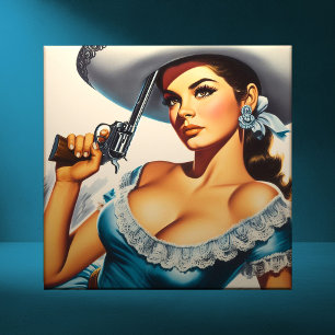 Retro Wild West Pin-up Ceramic Tile