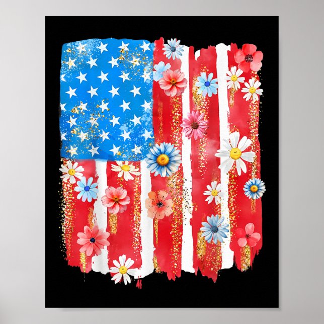 Retro Wildflower American Flag Women 4th Of July P Poster (Front)