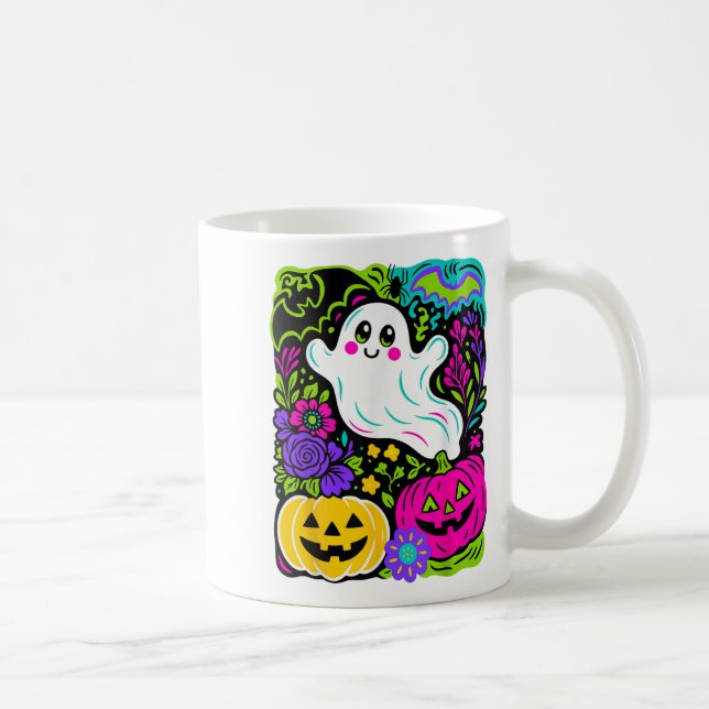 Retro Wildflower Boho Ghost Floral Halloween Cute  Coffee Mug (Right)