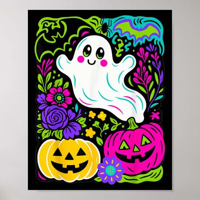Retro Wildflower Boho Ghost Floral Halloween Cute  Poster (Front)