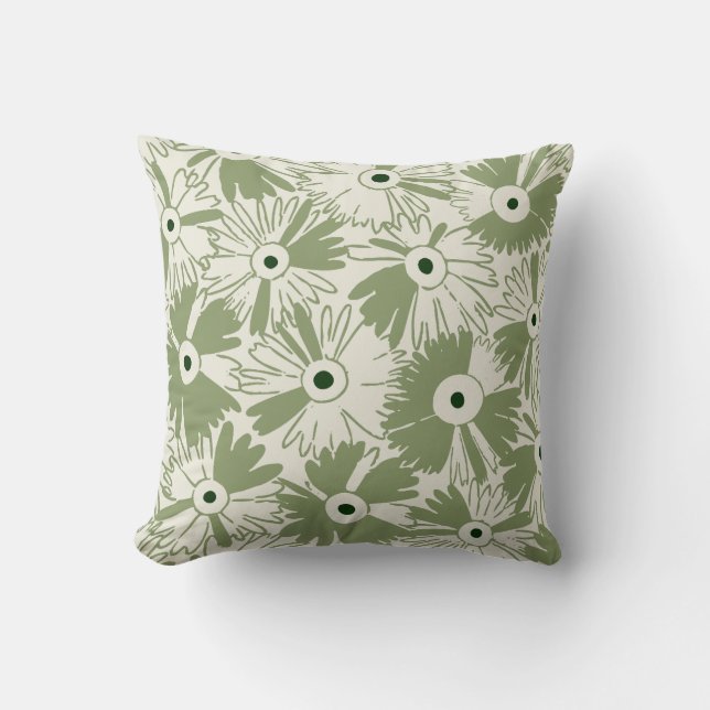 Retro Wildflower & Diamond Grid Reversible Olive Cushion (Front)