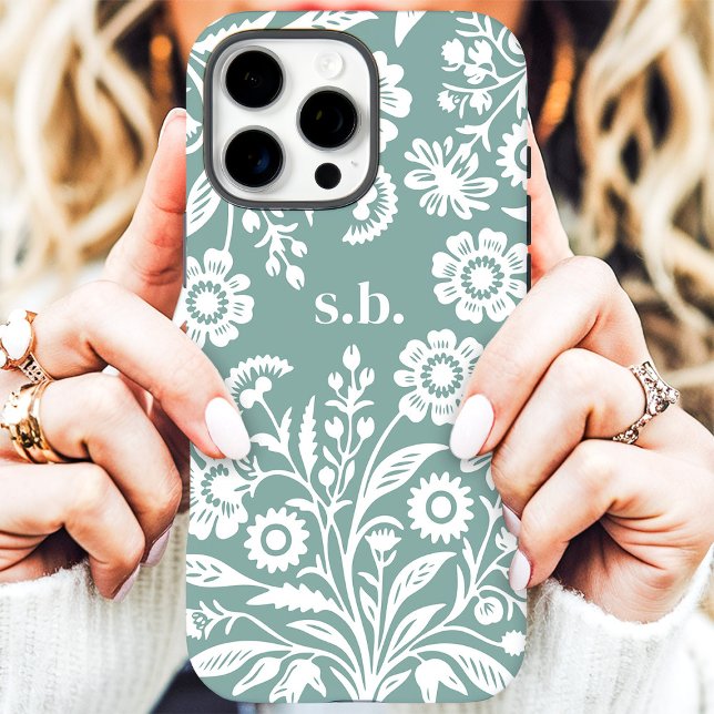 Retro Wildflower Dusty Teal Floral Monogram Case-Mate iPhone Case (Creator Uploaded)