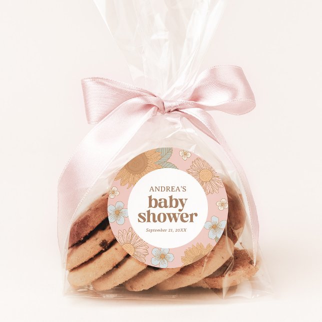 Retro Wildflower Girl Baby Shower Classic Round Sticker (Creator Uploaded)