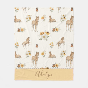 Retro Wildflower Horse and Butterfly Pattern Fleece Blanket
