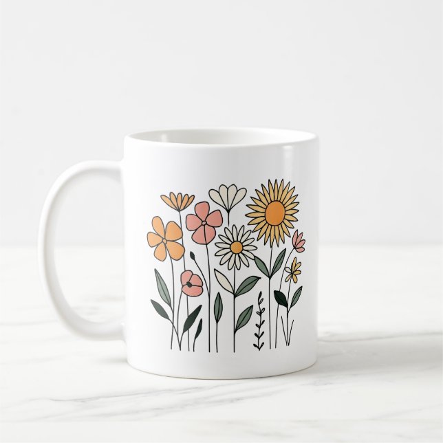 Retro Wildflower Meadow Vector Illustration Coffee Mug (Left)