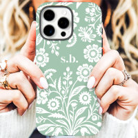 Retro Wildflower Mint Green Floral Monogram