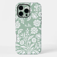 Retro Wildflower Mint Green Floral Monogram