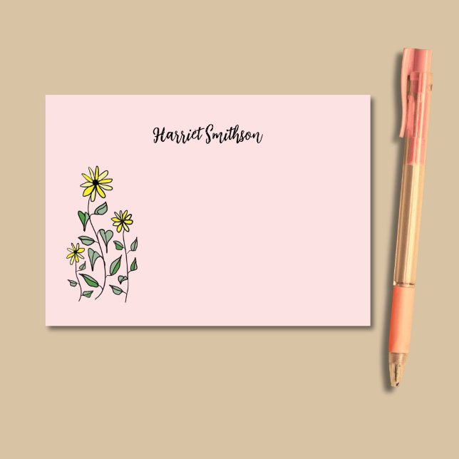 Retro Wildflowers Personalised Pink Botanical Post-it Notes (On this girly Post-It notes pad, yellow wildflowers pop against a background of soft petal pink.)