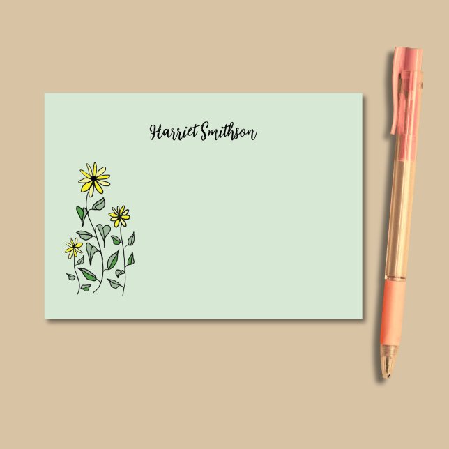Retro Wildflowers Personalised Sage Botanical Post-it Notes (On these relaxing Post-It notes, wildflower doodle art appears on a soft sage green background.)