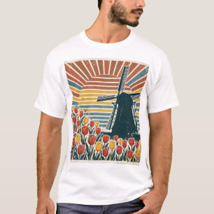 Retro Windmill Tulip Field Sunset Graphic Tee
