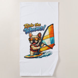 Retro Windsurfing Frenchie Ride the Waves Beach Towel
