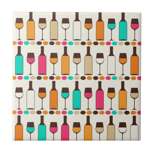 Retro wine bottles and glasses ceramic tile (Front)