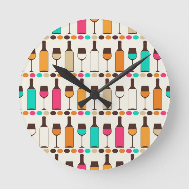 Retro wine bottles and glasses round clock (Front)