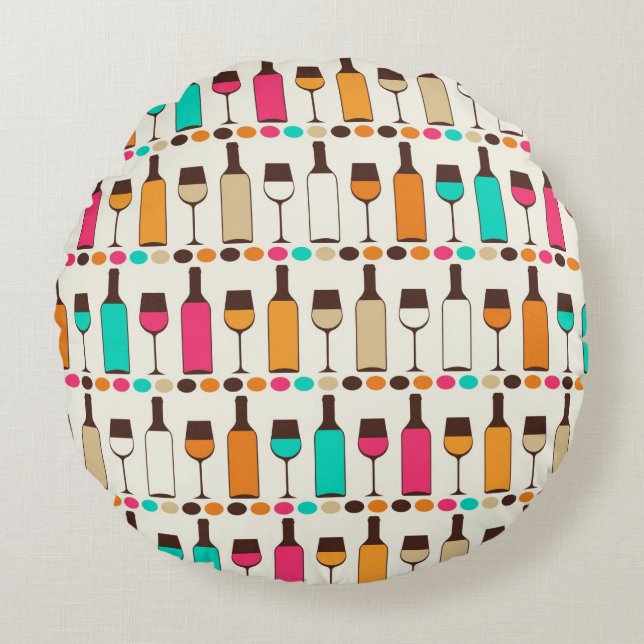 Retro wine bottles and glasses round cushion (Front)
