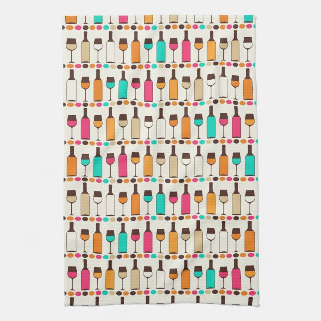 Retro wine bottles and glasses tea towel (Vertical)