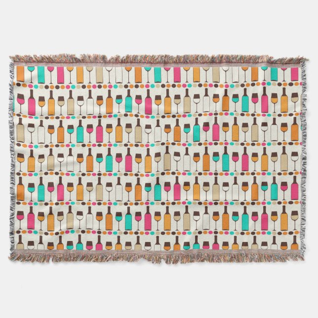 Retro wine bottles and glasses throw blanket (Front)