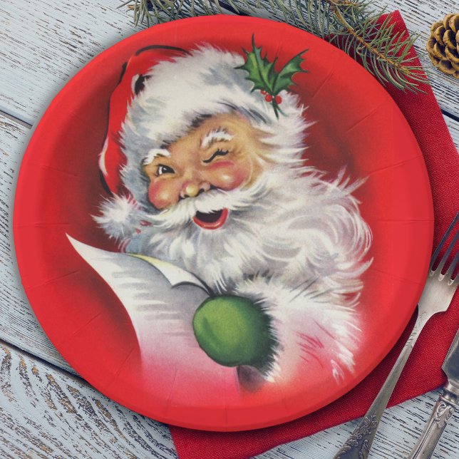 Retro Winking Santa Checking His List Paper Plate (Retro Winking Santa Checking His List Paper Plates)