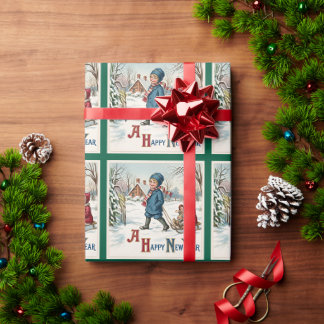 Retro Winter Children Sledding New Year Art Wrapping Paper