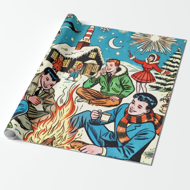 Retro Winter Comics Wrapping Paper (Unrolled)