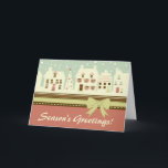 Retro Winter Holiday House Scene Christmas Card<br><div class="desc">Retro Winter Holiday Neighbourhood House Scene Christmas Greeting Card with a snowman on the inside and back.  Front greeting ~ Season's Greetings,  Inside greeting ~ Happy Holidays from Our House to Yours!  You can edit and personalised both greetings. 
 Some Graphics Copyright by GraphicMarket</div>